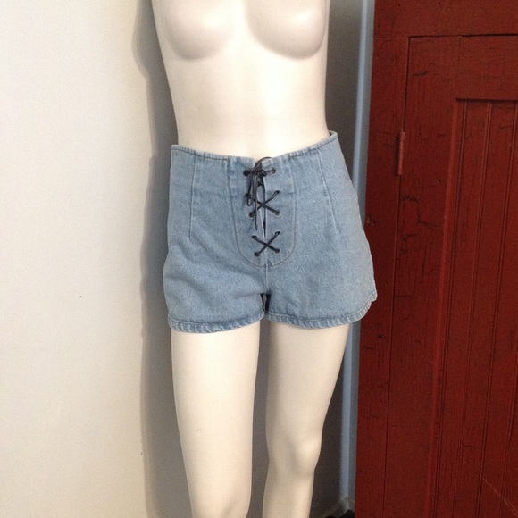 Vintage Pants - Vintage 80s Lace Up Jean Shorts S M